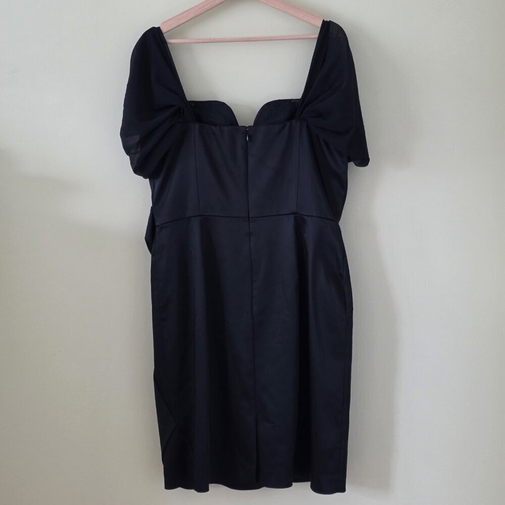 Catherine Malandrino Satin Dress XL Black Mini Lined Chiffon SS Bow LBD Cocktail - Picture 2 of 16